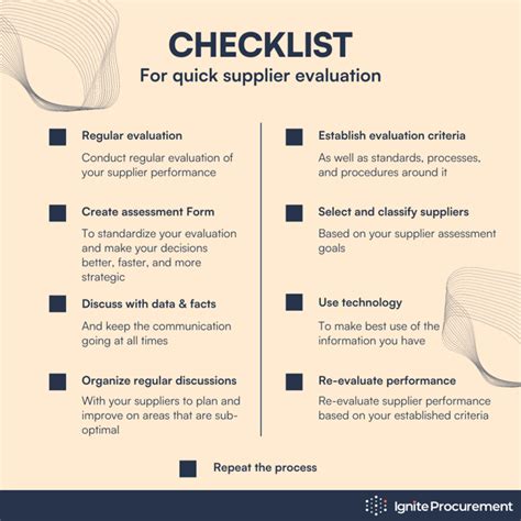 Supplier evaluation criteria checklist.  These criteria may include facto...