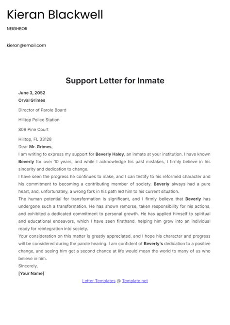 Support Letter For Inmate Example My Blog