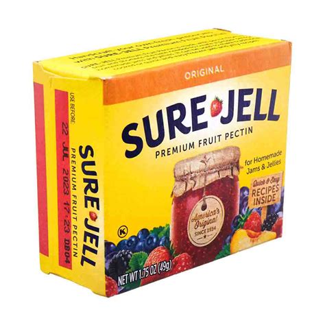 Surejell.com - Product details. Is Discontinued By Manufacturer ‏ : ‎ No. Product Dimensions ‏ : ‎ 1.5 x 3.4 x 2.8 inches; 1.76 Ounces. UPC ‏ : ‎ 043000293201. Manufacturer ‏ : ‎ Sure Jell. ASIN ‏ : ‎ B00CBIXWKE. Best Sellers Rank: #29,811 in Grocery & Gourmet Food ( See Top 100 in Grocery & Gourmet Food) #14 in Cooking & Baking Pectins.