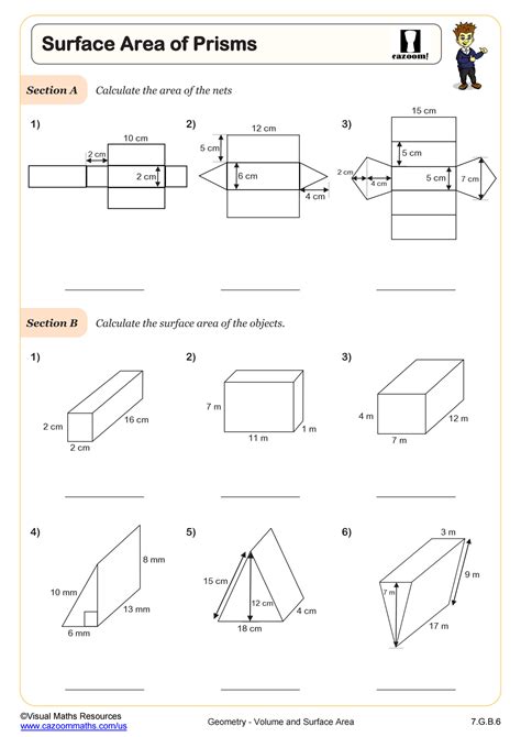 Surface Area Of Rectangular And Triangular Prisms Worksheets
