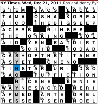 This crossword clue might have a different answer every time it appears on a new New York Times Puzzle, please read all the answers until you find the one that solves your clue. Today's puzzle is listed on our homepage along with all the possible crossword clue solutions. The latest puzzle is: NYT 10/04/23. Search Clue: . 