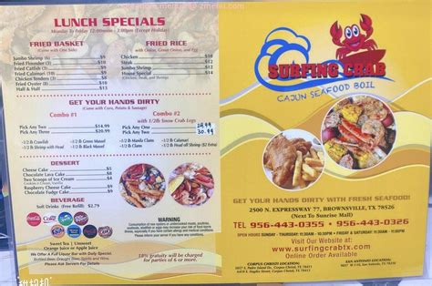 Surfing crab brownsville menu. Surfing Crab Brownsville; Abel's Cafe Location. Address: 409 Boca Chica Blvd, ... El Cortijo Restaurant – Brownsville, Texas 78520 More Restaurants You'll Love. 