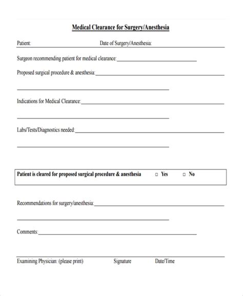 Surgical Medical Clearance Form in Word and Pdf formats