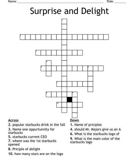 Surprise and delight crossword. Find the latest crossword clues from New York Times Crosswords, LA Times Crosswords and many more. Enter Given Clue. ... Surprise and delight 3% 7 ENCHANT: Delight magically 3% 9 RARETREAT: Unexpected delight 3% 6 THRILL: Delight 3% 4 SALE: Shopper's delight ... 