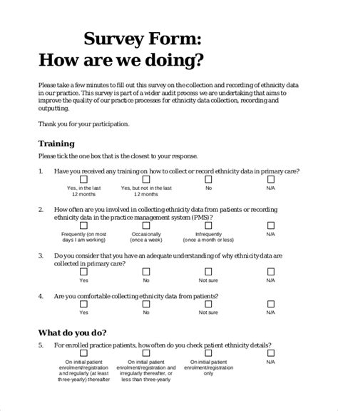 The survey forms will not be called surveys without any reflected questions. The interviewers should come up with relevant questions so the respondents can provide them the information they needed. Survey forms should also have a set of questions solely for the respondents’ personal information. Most survey forms don’t necessarily need the ...
