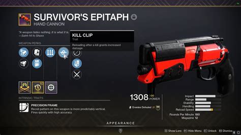 In-depth stats on what perks, weapons, and more are most popular among the global Destiny 2 Community to help you find your personal God Roll. God Roll Finder Flexible tool to find which weapons can drop with specific combinations of perks. Tons of filters to drill to specifically what you're looking for. Roll Appraiser Assess your entire ... . Survivor%27s epitaph god roll