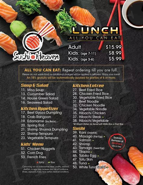 Sushi heaven lancaster. All You Can Eat Dinner Menu. Take out 