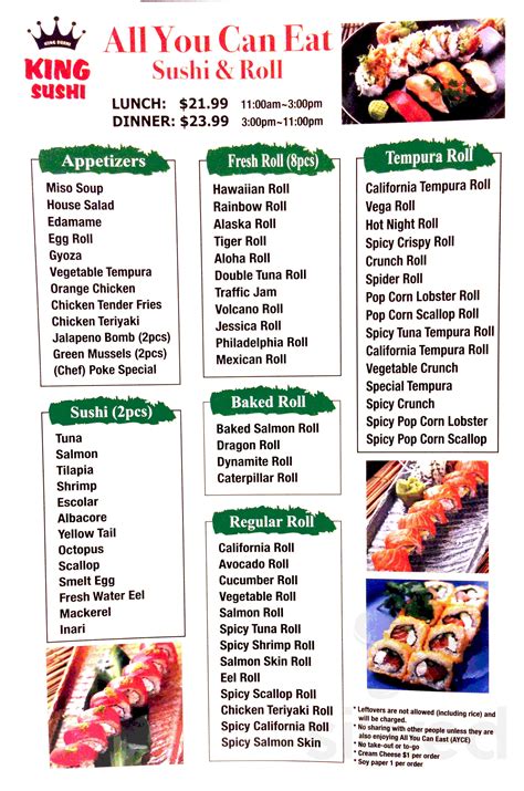 Sushi kingdom menu. Order Online Now. Contact Us. Lunch. Mon-Thur. 11am-2:30pm. Dinner. Mon-Thur. 4:30pm-10pm. Fri-Sat. 11am-11pm. Sun. 12noon-10pm. (Sat-Sun All Day Dinner) 864-243-8313. … 