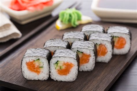 Sushi salmon. Salmon maki is a thin sushi roll with a strip of sushi-grade raw salmon, rolled in sushi rice and wrapped in a nori seaweed sheet. Salmon maki is by no means boring or … 