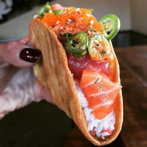 Sushi taco. Sushi tacos, special rolls, maki and pressed sushi are all served at this recently opened restaurant on Silver Star Blvd. in Scarborough. They also do party trays and specialize in noodles with a ... 