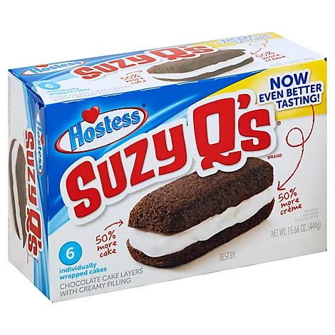 Susie q cakes. Buy / Order Hostess Suzy Q's for delivery anywhere in the US. Hostess Suzy Q's: These are thick layers of chocolate cake with a creamy filling. A hard to find treat that's sure to please! 5 Packs of Hostess Suzy Q's (10 snack cakes) - $10. 10 Packs of Hostess Suzy Q's (20 snack cakes) SALE $16 : Value packs! 1 box each of Chocodiles & Ho Ho's $15. 