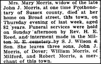 DIED.[Sussex county (Del.) papers please copy.] On the 2d instant, Mary J., in the 56th year of her age, wife of William Laws, formerly of Sussex county, Delaware. Her friends and acquaintance are respectfully invited to attend her funeral, on this (Thursday) afternoon, at four o'clock, from her late residence, No. 407 West Lombard street .... 