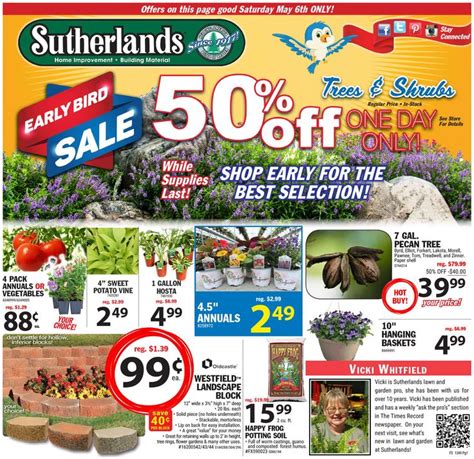 Sutherlands weekly ad. Fri: 7:30 am - 7:00 pm. Sat: 7:30 am - 7:00 pm. Make This My Store. View Weekly Ad. More about this Store. Get Directions. Subscribe to Mailing List. Sutherlands Home Improvement Centers can be found in 13 states throughout … 