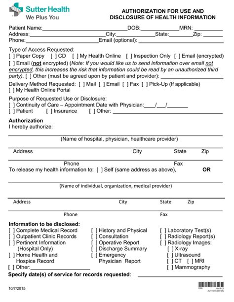 Sutter Health Authorization for Use and Disclosure of Health