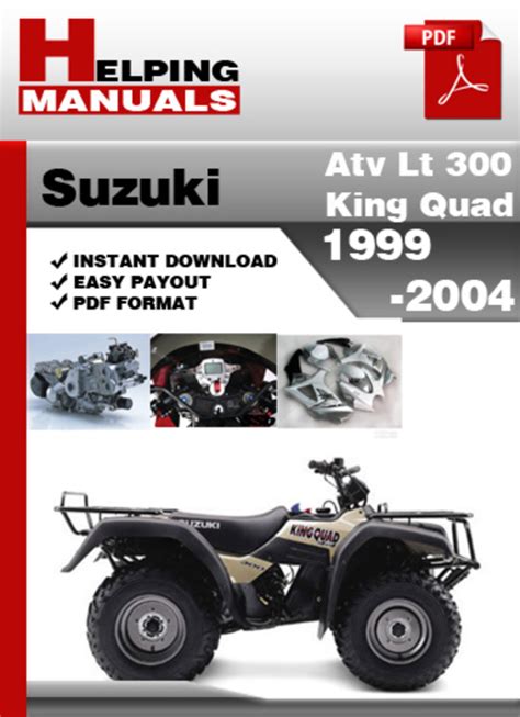 Suzuki king quad 300 service manual pdf. Aug 11, 2014 · 1999 2004 Suzuki King Quad 300 Service Manual PDF that might help Read full answer. Feb 13, 2016 • ATVs. 3 helpful. 1 answer. How much oil in a suzuki king quad 300? the 1999 king quad holds 3500ml or 3.7 quarts for oil change. 3600ml or 3.8 quarts with filter change. Read full answer. 
