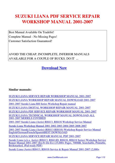 Suzuki liana complete workshop service repair manual 2001 2002 2003 2004 2005 2006 2007. - The unofficial guide to disneyland 2013 by bob sehlinger.