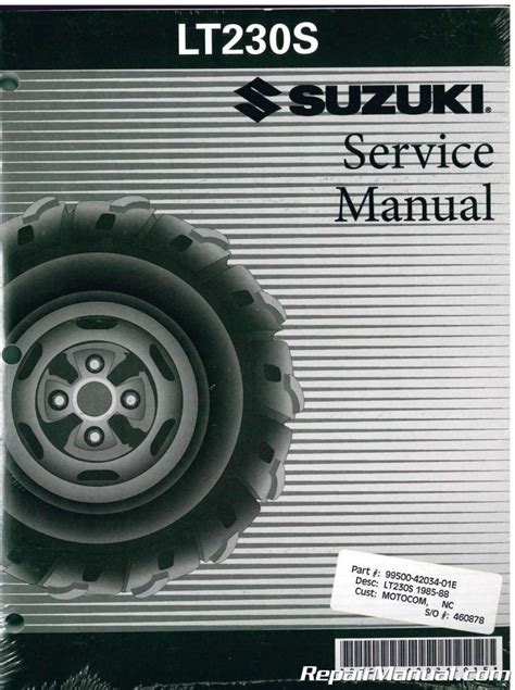 Suzuki lt230 repair manual pdf. Aug 28, 2011 · summitranger. 4 posts · Joined 2013. #5 · Jul 23, 2013. Thanks yotehunter! My first ATV and Im doing a restoration on an 85' LT230GE. Accidentally broke the rear brake drum and was trying to find out how to yank the rear axle. This manual is exactly what I needed! 