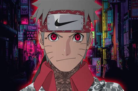 Naruto Swag Supreme Sasuke Wallpaper. A swag image depicts Sasuke Uchiha from the Naruto series looking at three red symbols while wearing a red Supreme outfit..