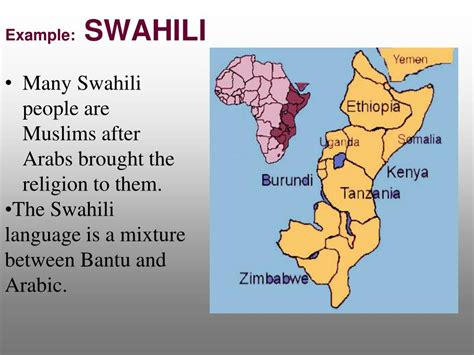 Swahili is a Bantu language of the Niger-Congo family and has a typical, complicated Bantu structure. For example, Swahili utilizes over 13 noun classes, the equivalence of a romance language having 13 genders. Three full noun classes are devoted to different aspects of space and time. Swahili represents an African World view quite different . 