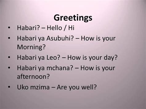 Swahili Elemental- Primer Gradi ... Zoezi la Kiswahili Swahili Form 1 • Kiswahili. Swahili Greetings and Polite words Swahili Year 5 • swahili. Describing somebody's eyes and hair ...
