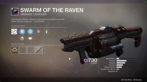 Weapons. Full stats and details for Rabenschwarm, a Grenade Launcher in Destiny 2. Learn all possible Rabenschwarm rolls, view popular perks on Rabenschwarm among the global Destiny 2 community, read Rabenschwarm reviews, and find your own personal Rabenschwarm god rolls.. 
