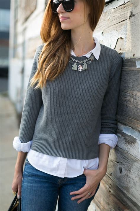 Sweater over button up. Basically, you put your sweater over a dress or skirt, add a thin, similarly colored belt over the top, and then blouse the sweater until the belt is no longer visible. Et voilà! 
