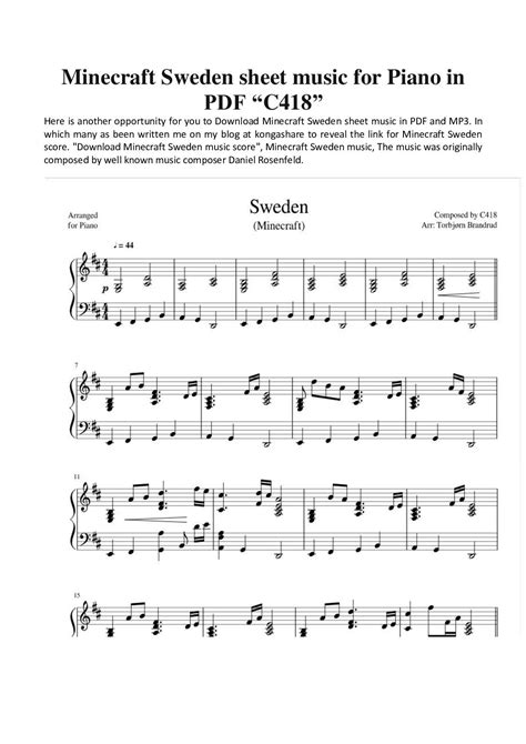 Sweden (from Minecraft) By C418, - Digital Sheet Music For Score ...