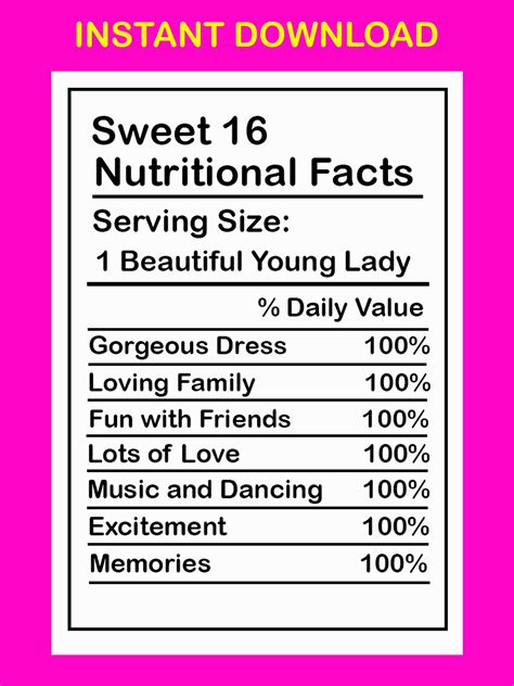 Sweet 16 Nutrition Facts JPG File Birthday Facts Birthday - Etsy