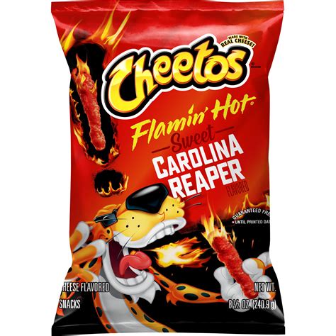 Sweet carolina reaper cheetos. Cheetos, Flamin' Hot Sweet Carolina Reaper Aritificially Flavored, Cheese Flavored Snacks. Net Wt 8 1/2 OZ (240.9 g), Bag . 028400698580. Nutrition. Ingredients. Allergens. About this Product. ... Information updated on 17-Mar-2023 by Cheetos. Distributed By PepsiCo, Inc., Purchase, NY 10577. 