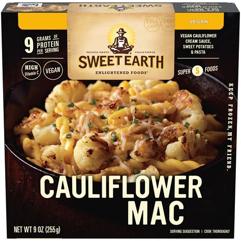 Sweet earth. It’s also higher in carbs than we expected a cauliflower dish to be. There are actually 45 grams per bowl, which means this isn’t a great option for people on a Keto diet. However, if you’re just looking for a tasty and unusual vegan dish, the Sweet Earth Cauliflower Mac should impress you. We love the unusual sauce, and we think the ... 