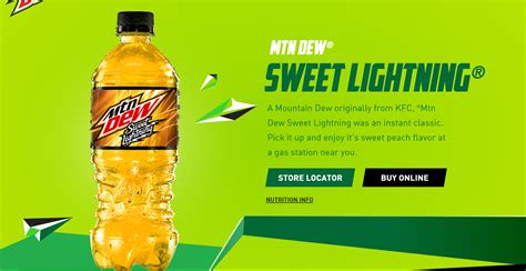  Mountain Dew Sweet Lightning is a sweet peach and honey flavored soft drink that has become a fan-favorite for its unique and refreshing taste. It was created in partnership with KFC as an exclusive beverage offering at their restaurants. . 