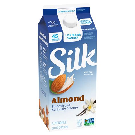 Sweetened vanilla almond milk. 2. Silk Dark Chocolate Almondmilk. Per serving: 100 calories, 2 g fat (0 g saturated fat), 220 mg sodium, 19 g carbs (1 g fiber, 17 g sugar), 1 g protein. "Don't let the health benefits of dark chocolate fool you here! This almond milk still comes in with 17 grams of added sugars in one serving," says Shaw. 