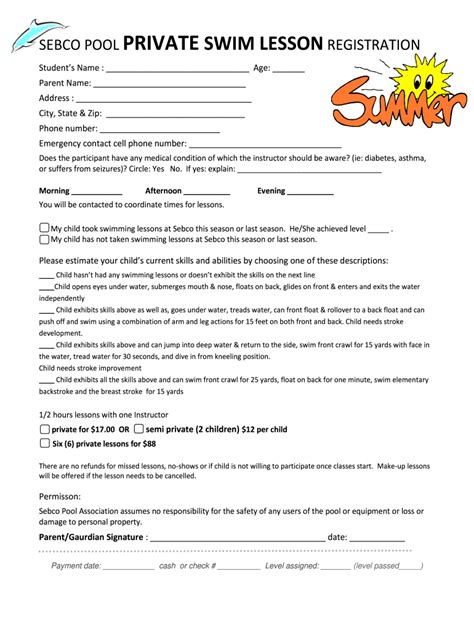 Swim Lesson Registration Form Template Complete with ease airSlate