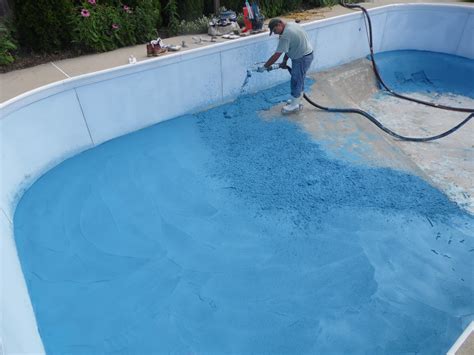Swimming pool resurfacing. Painting a pool is a multistep process consisting of: Acid etching the surface to help open the pores of the substrate. Cleaning the concrete using a heavy-duty detergent to remove any grime from the surface. Applying the first coat of paint and cutting in under the tile line. Applying the final coat of paint and again cutting in under the tile ... 