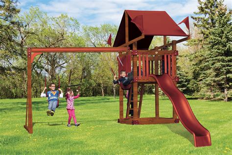 Swing kingdom. Playset Size: 12’ W x 17’ D x 13’ H Space Needed: 20’ W x 26’ D Border Needed: 92’ Recommended Amount of Rubber Mulch: 2 Tons Tower: 5’ x 5’ MC Deck Height: 5’ Access: 5’ MC Ladder w/ MC Handrail, Rock Wall for MC Leg, Cargo Net for MC Leg Roof: 5’ x 5’ Pyramid Slide: 10’ Waterfall Swing Beam: 2 Position Cross Beam Swings: Belt Swing, … 