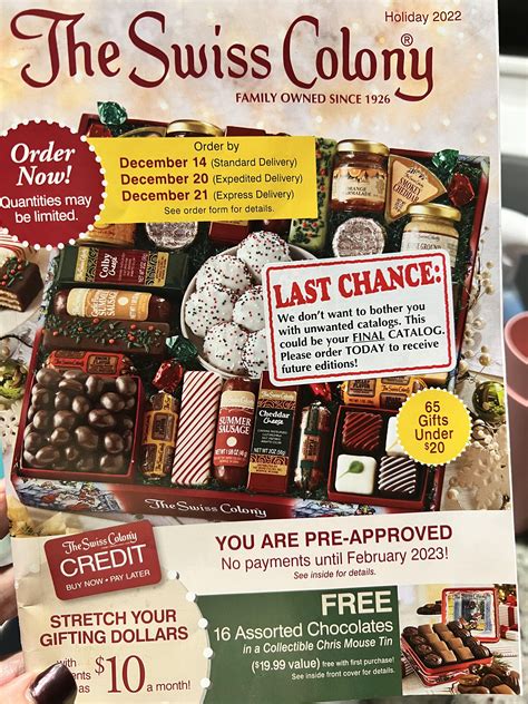 THE SWISS COLONY CATALOG HOLIDAY 2023: FREE $40 ASSORTMENT (SEE DETAILS) /RAREST. Sign in to check out. Check out as guest. Add to cart. ... origin ZIP Code, destination ZIP Code and time of acceptance and will depend on shipping service selected and receipt of cleared payment. Delivery times may vary, especially during …