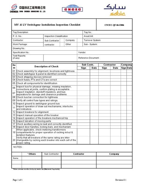 Switchgear inspection checklist.  It lists 19 checklist items to inspect an...