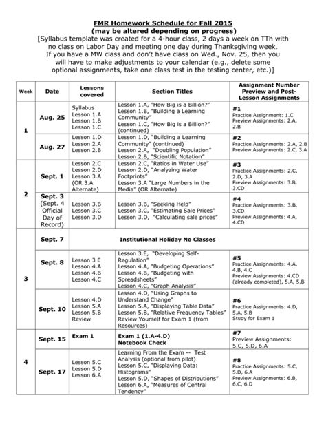 Syllabus Calendar Template Database