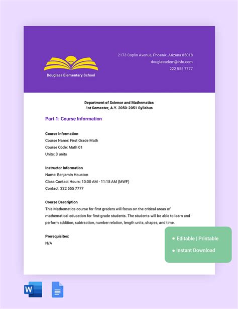 Syllabus Template Google Docs, Word