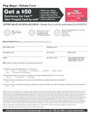 Tire Discounters—Rebate Form Get a $50 Synchrony Car Care™ Visa® Prepaid Card by mail* When you make a purchase of $499 or more or a set of four tires installed with your Tire Discounters Credit Card at a Tire Discounters location. Step 3: Mail completed form and receipt to: Tire Discounters Rebate Offer 20-30504 PO Box 540003 El Paso, TX ...