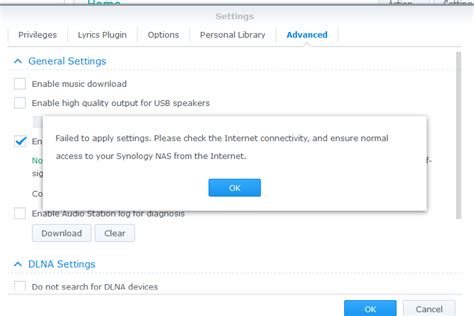 Synology failed to apply the settings. Dec 5, 2021 · I try to run setup in the Setup Wizard, I bypass this first screen with just "admin" and leaving pw field blank. Then proceed w/ the recommended static ip. When I try to continue, it says it failed to apply the settings, and it reflects the "connection failed" status in the Synology Assitant. 