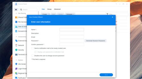 Synology user accounts.  Click the Create button to launch the User Crea...