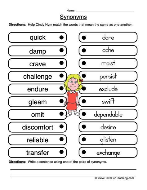 Synonyms Matching Worksheet by Teach Simple