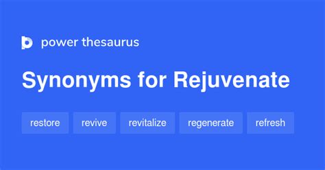 Synonyms for rejuvenated. Best synonyms for 'rejuvenated' are 'restored', 'refreshed' and 'rejuvenate'. Search for synonyms and antonyms. Classic Thesaurus. C. define rejuvenated. 