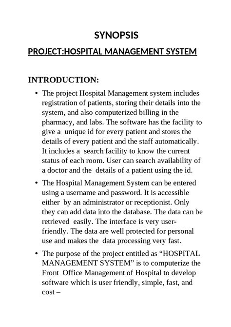 Synopsis of Hospital Management System - FreeProjectz