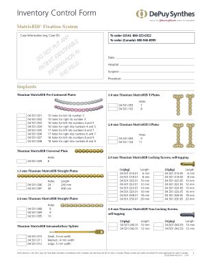 Synthes Matrix Wave Inventory Control Form Fill Out and Sign