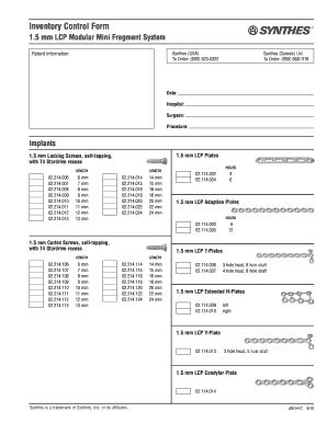 Synthes Mini Fragment Set Inventory Control form Elegant the Miracle