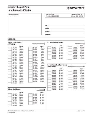 Get the Synthes wrist fusion inventory control form accomplished. Download your updated document, export it to the cloud, print it from the editor, or share it with others through a Shareable link or as an email attachment. ... stryker wrist fusion plate 319.01 synthes synthes small frag inventory. Related forms. 18448988542. Learn more .... 