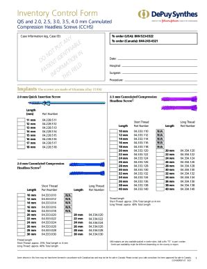 Complete Synthes Cannulated Compression Headless Screw Inventory Control Form online with US Legal Forms. Easily fill out PDF blank, edit, and sign them. Save or instantly send your ready documents..