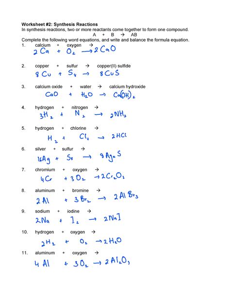 Synthesis And Reactions Worksheet